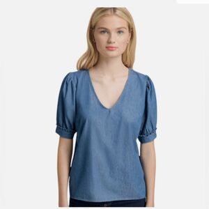 💰⏳️Draper James V-neck Puff Sleeve Denim Look Blue Women's Blouse NWT SZ SM